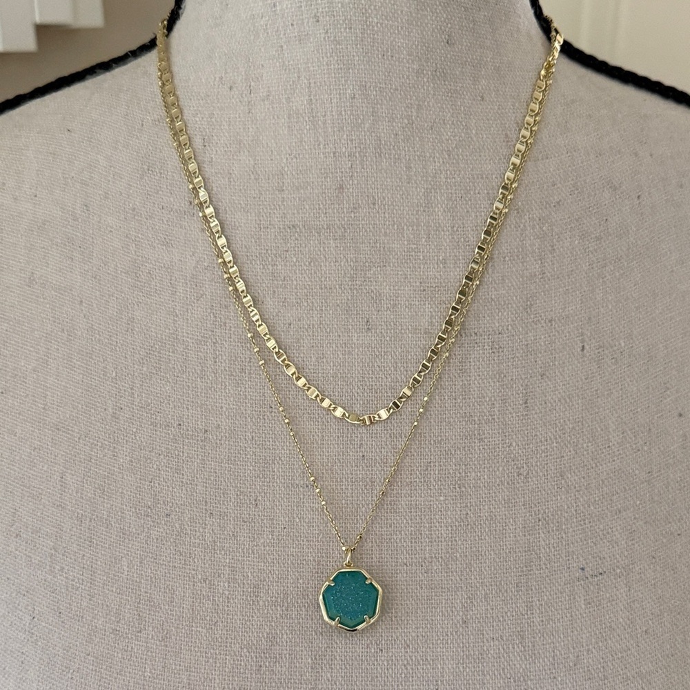 Kendra Scott Cynthia Bright Aqua Drusy Stone Layered Gold Tone Necklace - Picture 7 of 8